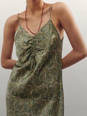 Zara Satin Effect Print Dress Paisley Green Slip Size Large